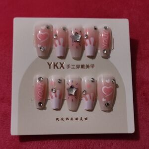 YKX Pink Heart & Star Press-On Nail Set